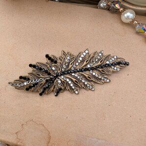 Vintage Antique Brass Tone 4" Leaf Brooch with Silver & Black Rhinestones